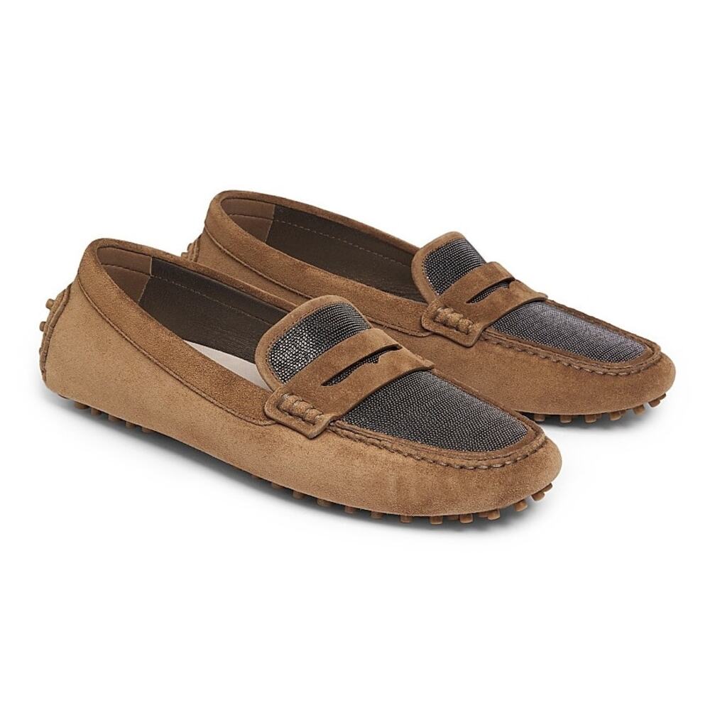 Brunello Cucinelli Monili Suede Moccasins Penny Loafers driving shoes Brown 36